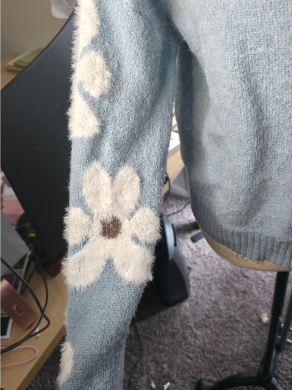 Light Blue Floral Sleeve Crewneck Sweater - Picture 5 of 8
